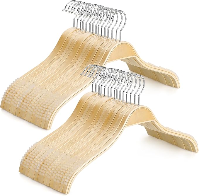 TOPIA HANGER Slim Natural Wood Hangers with Extra Soft Non-Slip Rubber Grips, 30-Pack High-Grade Fashion Hanger No Shoulder Bump for Sweaters, Hoodies, Jacket, Dress, Coat -CT15N30