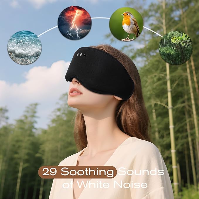 Sleep Eye Mask with Wireless Headphones - 29 Soothing White Noise Sounds, 3D Zero Pressure Eye Maks for Women & Men, Blackout Sleeping Masks for Side Sleeper, Removable Eye Cover (Black)