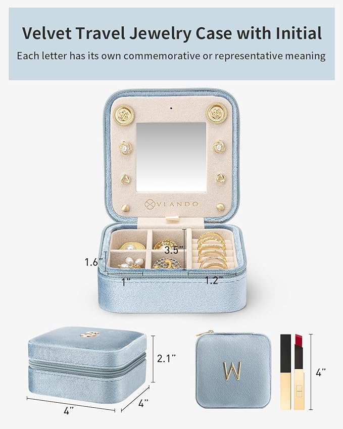 Vlando Travel Jewelry Box for Girls Women, W Initial Jewelry Box for Girls Small Jewelry Box Travel Jewelry Case Jewelry Box Travel Gifts for Girls Women - Letter W, Navy Blue