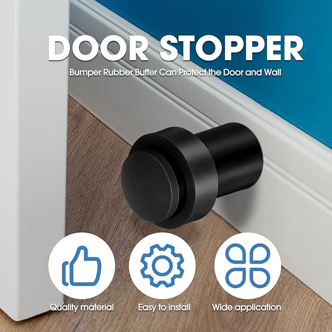 Chumia 6 Pcs Door Stopper Mounted Floor Stops Stainless Steel Cylindrical Stopper Modern Decorative Rubber Bumper Stops Holder Wall Protector for Bottom or Top of Door (Black)