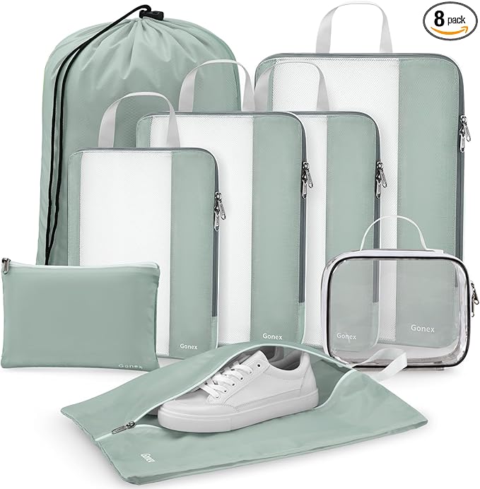 Gonex 8 Set Compression Packing Cubes for Travel Essentials, Expandable Mesh Organizer with Toiletry, Laundry, Shoe, Cable Bags for Suitcases, Gray
