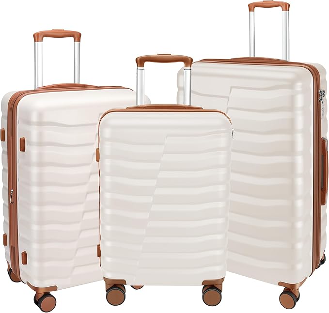 Lightweight Luggage with Spinner Wheels & YKK Zipper, 3-Piece Suitcase ABS+PC Hardside Luggage Set with TSA Lock for Women Men, Apricot Off White (20+24+28 inch)