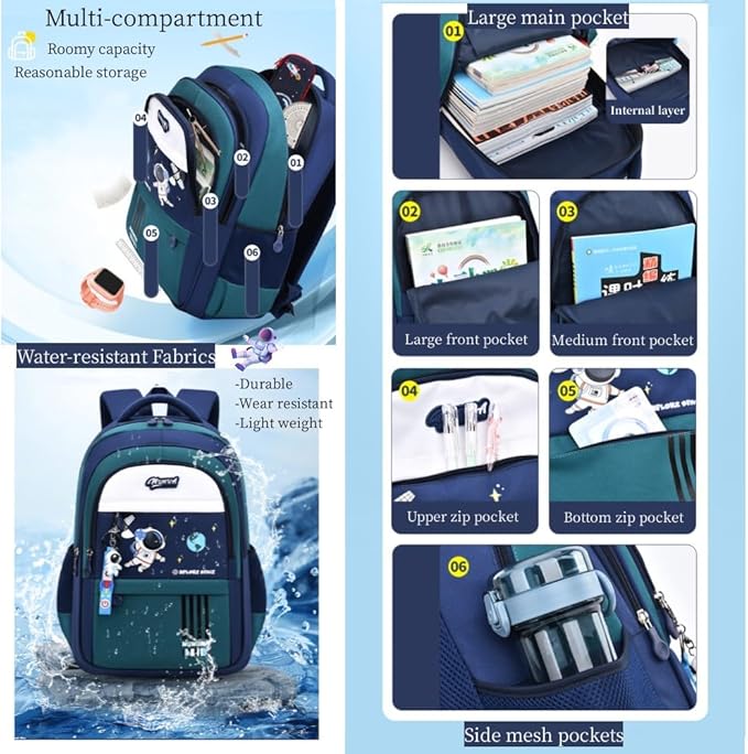 Astronaut-space Backpack for Boys-Girls Elementary Middle School Bookbag Backpack for Girls Kids Lightweight Back Pack Blue-green