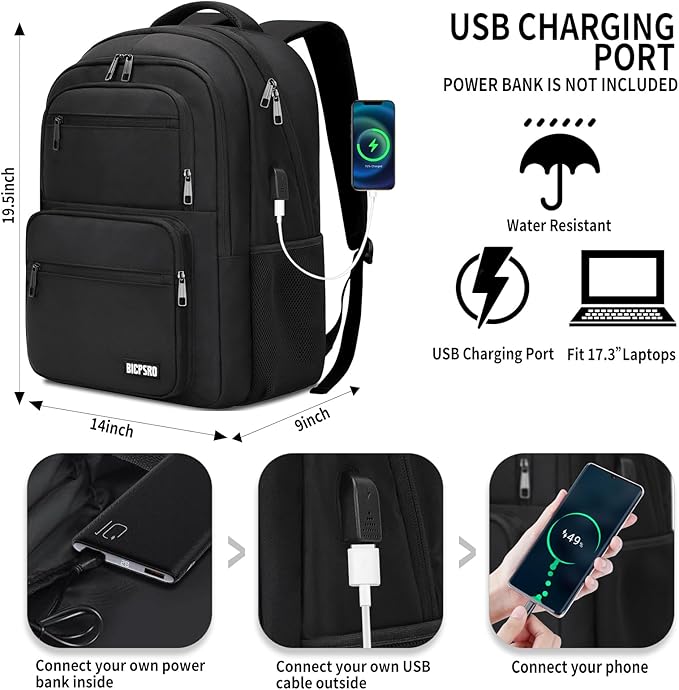 Black Backpack for School, School Backpack for Boys Girls Teens, College Book Bag, Water Resistant Bookbag, Back Pack for Men Women, Business Work Travel