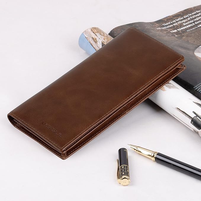 VISOUL Mens Checkbook Leather Wallets Long Bifold Wallets for Men Suit Wallet with 3 Cash Compartments 12 Credit Card Slots (Brown)