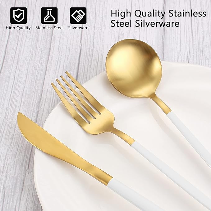 Matte White Gold Silverware Set, 20-Piece Stainless Steel Flatware Set, Satin Finish tableware Cutlery Set, Service for 4, Home and Restaurant, Dishwasher Safe