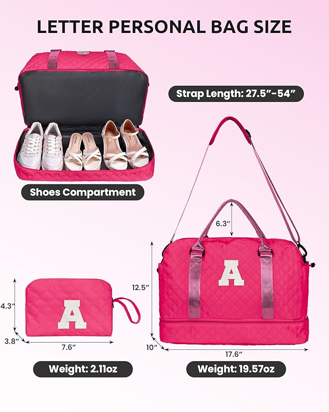 Bags for Girls, Birthday Gift-Initial Travel Bag with Shoe Compartment, Personalized Weekender Bag, Monogram Overnight Bag for Women, Letter Travel Bag with Makeup Bag (Letter E)
