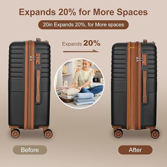Romswi Luggage Sets 2 Piece, Expandable Carry On Luggage 20In with Travel Backpack, PC+ABS Hardside Suitcase Set with TSA Lock, Durable Carry On Suitcase with Spinner Wheels for Men Black
