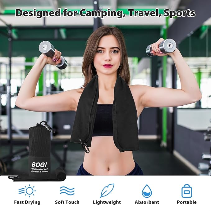 BOGI Microfiber Travel Sports Towel-Quick Dry Towel, Soft Lightweight Microfiber Camping Towel Absorbent Compact for Camping Gym Yoga Swimming Backpacking (L:60''x30''+16''x16''-Black)