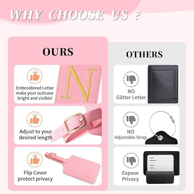Personalized Initial Luggage Tags for Suitcase, Pink Leather Cute Luggage Tags with Privacy Cover Name Card, Embroidered Custom Monogrammed Luggage Tag Travel Bag Baggage Tags Gifts for Women Kids(N)
