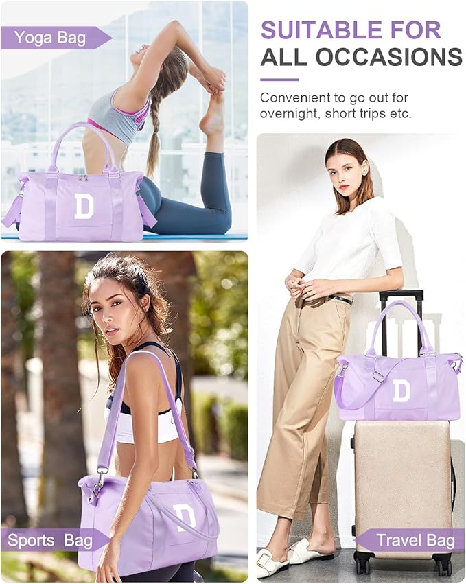 Daughter Niece Gifts for Teen Girl Kids, Initial Travel Duffel Bag Sports Gym Bag Personalized Gifts Weekender Bag，Monogram Overnight Bag Cute Dance Bag Birthday Bridesmaid Gifts for Women(Purple, D)