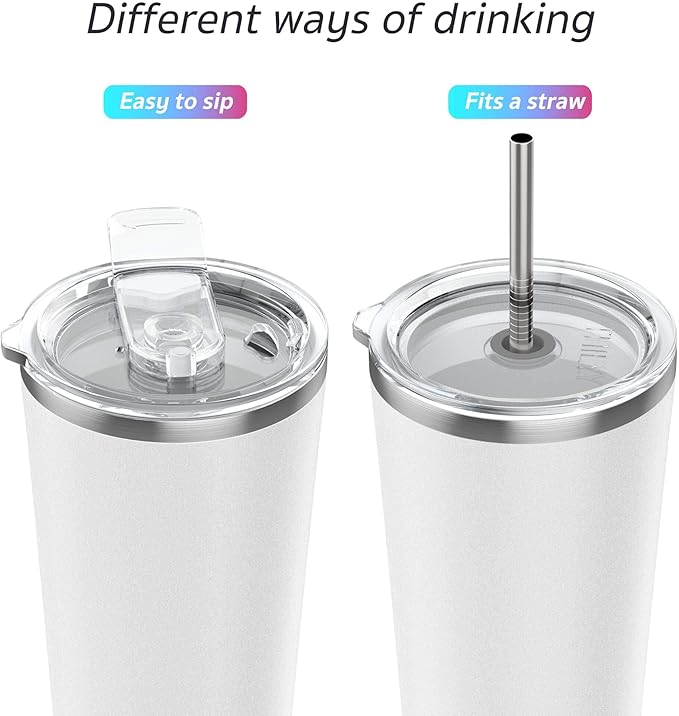 THILY Vacuum Insulated Tumbler Stainless Steel 26 oz Coffee Cup with 2 Lids and Straws, Powder Coated Travel Mug, Keeps Ice Drinks Cold, White
