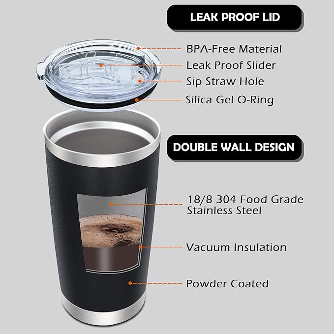 20oz Tumbler Bulk Stainless Steel Tumblers with Lid Vacuum Insulated Double Wall Travel Coffee Mug Powder Coated Tumbler Cup for Hot and Cold Drinks(Black, 6 pack)