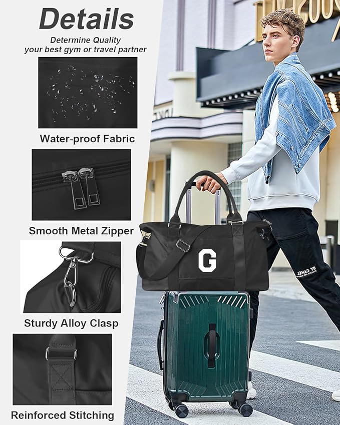 Initial Travel Duffel Bag Sports Gym Bag for Boys Teen Birthday Gifts,Black Personalized Weekender Bag Carry On Tote Bags for Men,Waterproof Overnight Luggage Bag Airplane Travel Essentials(Letter G)