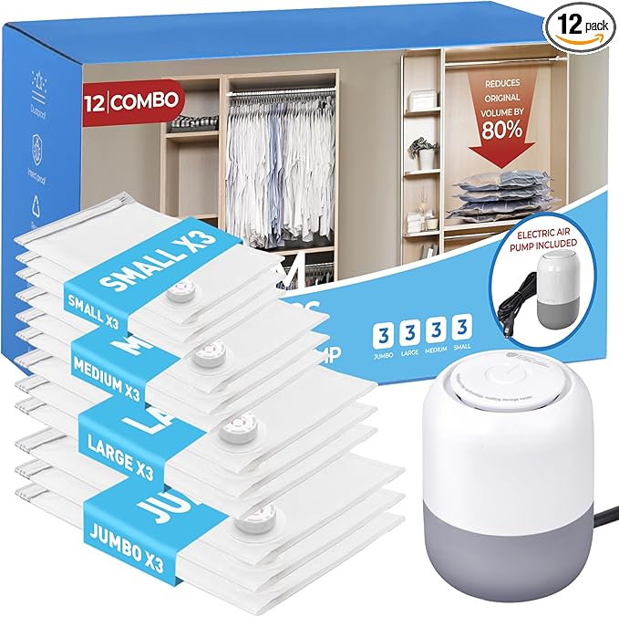12 Pack Vacuum Storage Bags with Electric Air Pump, Vacuum Seal Bags for Clothing (3Jumbo/3Large/3Medium/3Small), Space Saver Bag for Clothes, Blanket, Duvets, Pillows,Comforters, Bedding,Travel