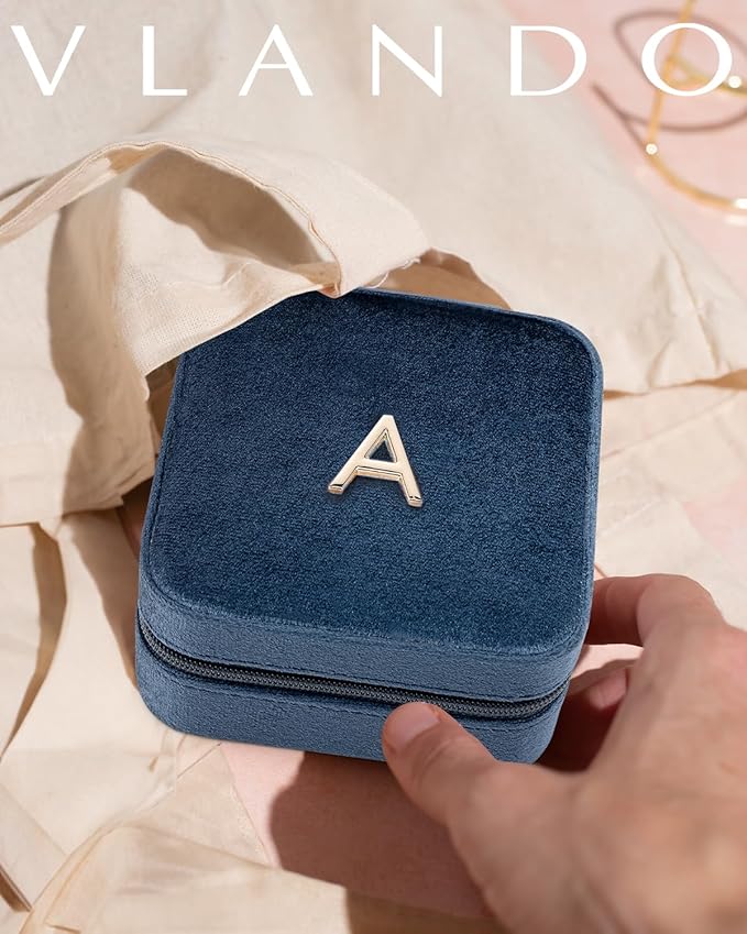 Vlando Travel Jewelry Box for Girls Women, Initial Jewelry Organizer Box - Travel Must Haves Case for Girls, Gifts for Sister Daughters - Letter R, Dark Blue