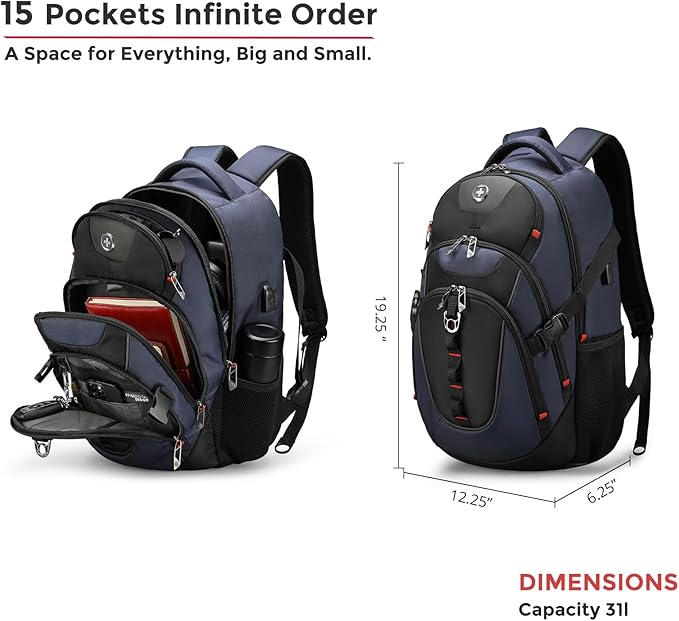 Swissdigital Design Laptop Backpack with USB Charging Port, TSA Travel Backpack Fits 15.6 inches Computer, 31L College School Backpack for Men, Blue/Black | SD803