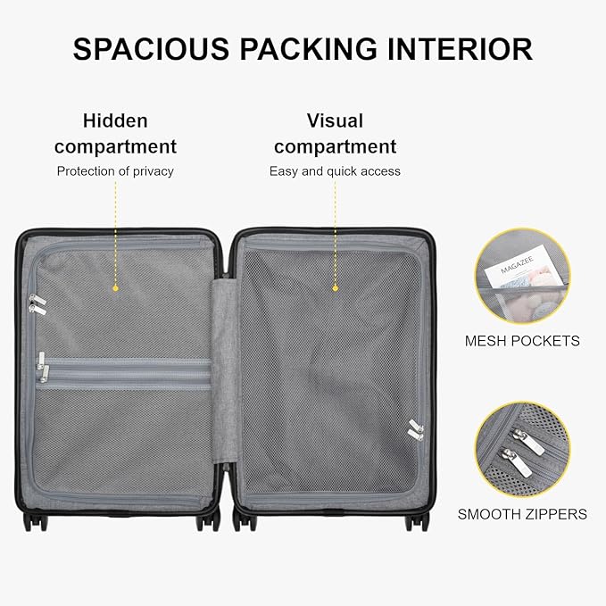 LEVEL8 Hard Shell Carry on Luggage Airline Approved, Carry-on Suitcases with Wheels, Lightweight Luminous Textured Hardside Travel Bag with Tsa Lock, 20 Inch, Black