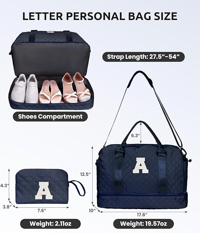 Bags for Women College Gifts-Initial Duffle Bag with Shoe Compartment, Weekender Bag, Monogram Overnight Bag, Letter Travel Bag with Makeup Bag, Bachelorette Gifts for Bride (Letter Q)