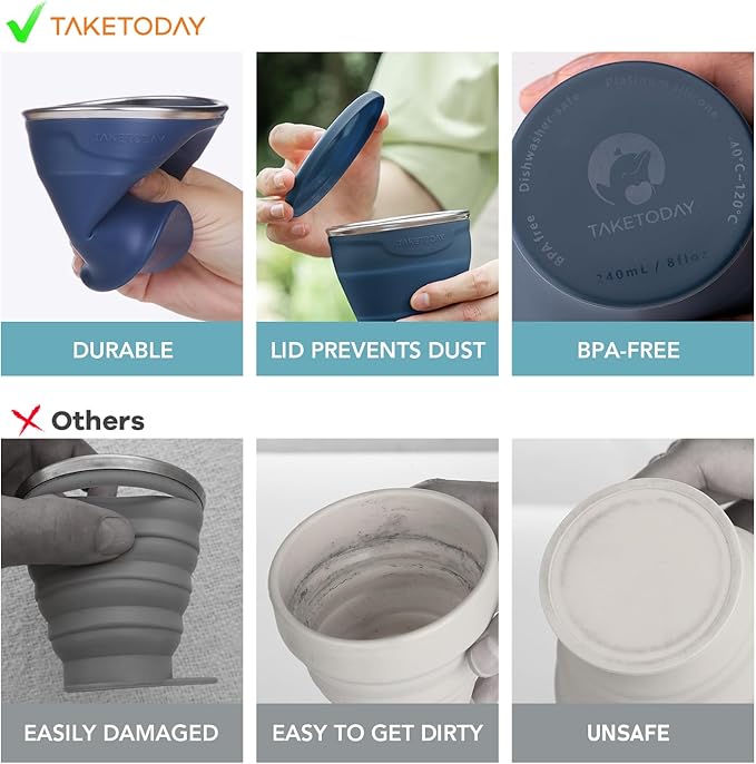 TakeToday 2PCS Collapsible Travel Cup - Silicone Foldable Water Cup, BPA-Free with Lid & Waterproof Bag - Drinking Cup Set for Camping, Outdoors & International Travel（8 Oz, Navy & Lowcountry Peach）