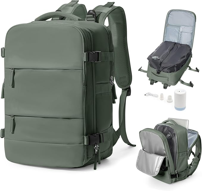 Vacuum Backpack Travel With Pump,Mochila De Viaje Compresion Al Vacio,Personal Item Travel Backpack With Vacuum System,Large Carry On Vacpack Backpacks For Women Men,Olive Green