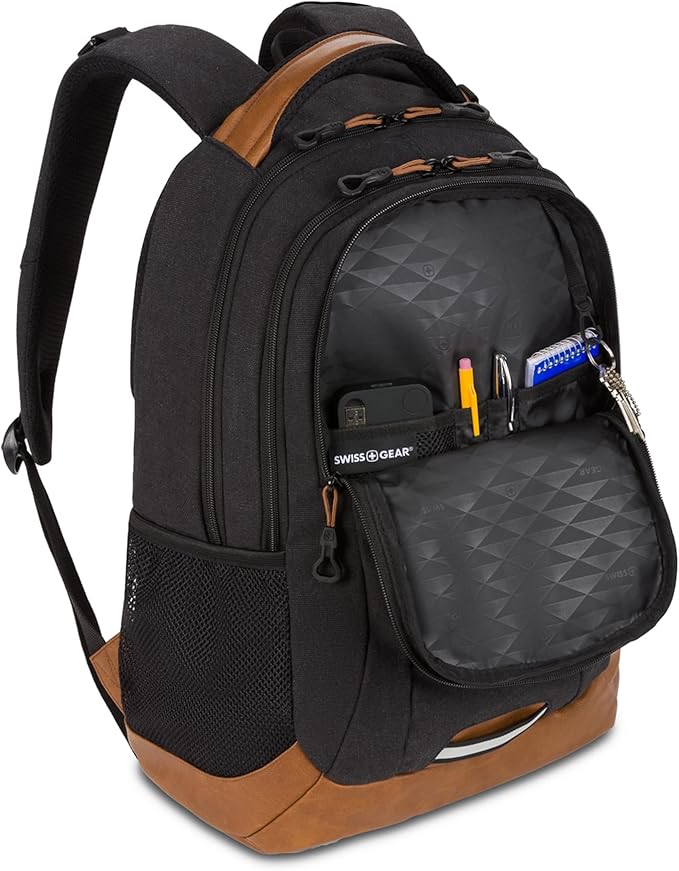 SwissGear 5505 Cecil 16” Laptop Backpack Black Canvas/Brown – Daily Laptop Bag with Gear Attachment Options – Multiple Organizer Pockets & Padded Shoulder Straps