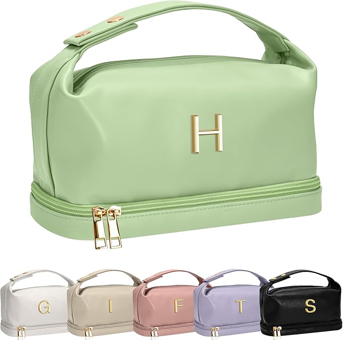 Women Gifts, Personalized Makeup Bag with Handle, Initial Double Layer Cosmetic Bag with Makeup Brush Organizer, Cute Cosmetic Pouch for Women, Gifts for Friends Female Mom
