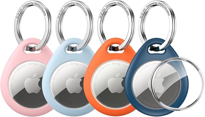 UNBREAKcable Holder for Apple AirTag - 4 Pack [Fit Tightly Design] [Easy to Install] [Hold Air Tag Securely] Waterproof TPU Shell Protective Case with All Metal Keychain Key Ring Clip