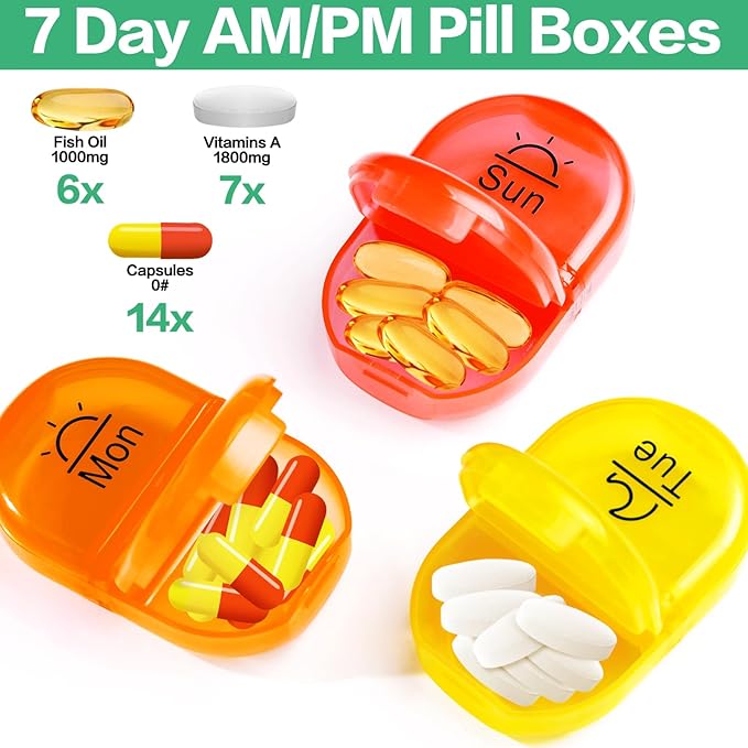 Serfeymi Weekly Travel Pill Organizer 2 Times A Day AM PM Upgraded Rainbow Pill Box 7 Day with Portable Zipper PU Leather Pill Case, Medicine Organizer for Pills, Vitamins, Fish Oils - Brown 03