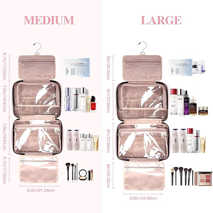 Toiletry Bag for Women, Travel Toiletry Bag with Hanging Hook Makeup Organizer, Waterproof Large Capacity Travel Bag for Accessories, Shampoo, Full Sized Container, Toiletries,Pink