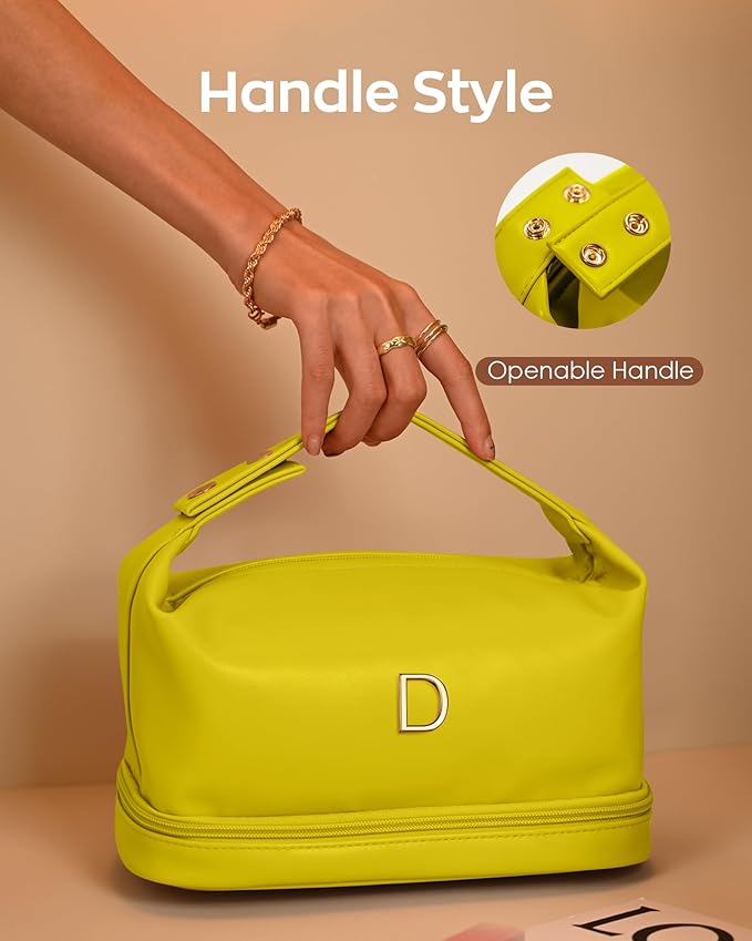 Women Gift Ideas, Personalized Makeup Bag with Handle, Initial Double Layer Cosmetic Bag with Makeup Brush Organizer, Cute Cosmetic Pouch for Women, Gifts for Friends Female Mom