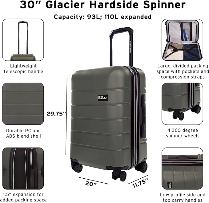 Eddie Bauer Glacier Checked 30" Luggage | Hardside | Spinner Wheels | Expandable | Lightweight | Travel Essentials - Sprig Green
