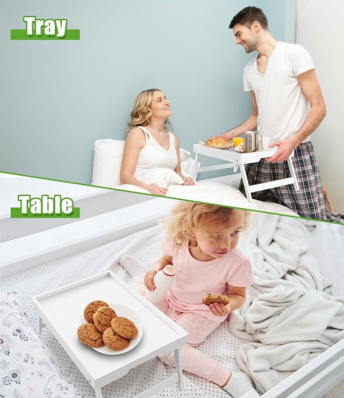 Bed Tray Table with Folding Legs,Bamboo Breakfast in Bed for Kitchen Serving Tray,Sofa,Eating,Used As Laptop Desk Snack Tray 2 Pack (White)