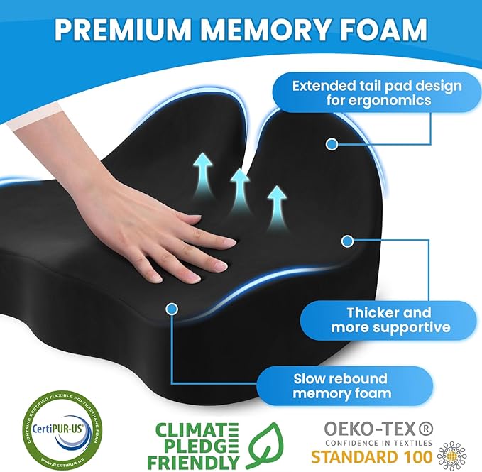 Seat Cushion, Memory Foam Office Chair Seat Cushion for Office Chairs/Car/Long Trip/Desk Chair/Gaming, Extra Large Size for Sciatica & Hip & Tailbone Pain Relief, Sciatica Support (Black)