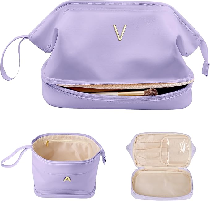 Bridesmaid Gifts for Women, Initial Makeup Bag, Personalized Double Layer Cosmetic Bag with Makeup Brush Organizer, Large Capacity PU Leather Travel Toiletry Bag, Personalized Teacher Gifts