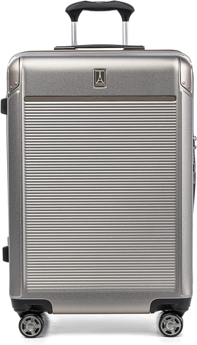 Travelpro Platinum Elite Hardside Expandable Checked Luggage, 8 Wheel Spinner, TSA Lock, Hard Shell Polycarbonate Suitcase, Metallic Sand, Checked Medium 25-Inch