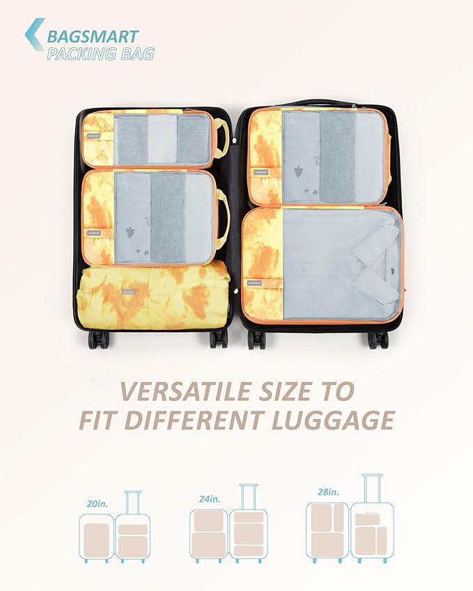 BAGSMART 6 Set Compression Packing Cubes - Lightweight Travel Essentials, Durable Luggage Organizer