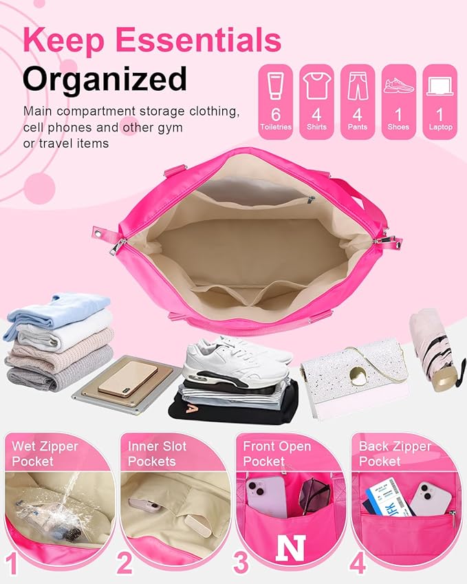 Overnight Bag for Kids Teen Girls Weekender Dance Bag Birthday Graduation Gifts,Initial Travel Duffel Bag Sports Gym Bag Personalized Weekender Bag Carry On Bags Preppy Gifts for Women(Hot Pink, N)