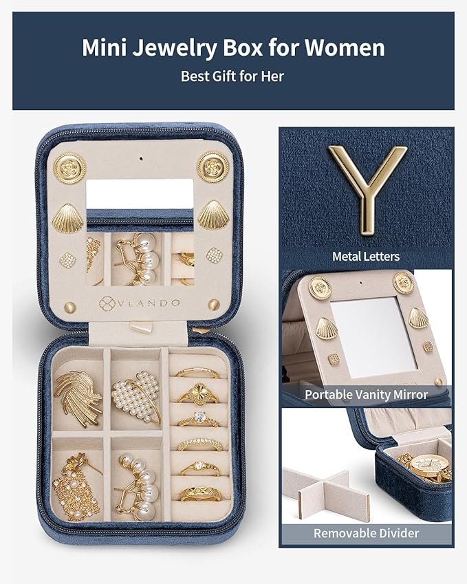 Vlando Girls Fashion Jewelry Box Mini Case - Dark Blue, Initial - Y