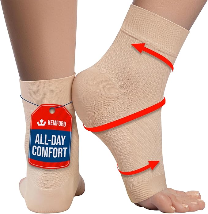 KEMFORD Ankle Compression Sleeve - Plantar Fasciitis Braces - Open Toe Compression Socks for Swelling, Sprain, Neuropathy, Foot Arch Support for Men and Women - 20-30mmhg, L, Beige