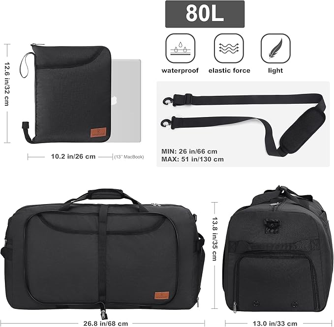 80L Duffle Bag for Travel, Large Foldable Waterproof Travel Duffel Bags Weekender Overnight Bag for Men and Women with Shoe Compartment (Black)