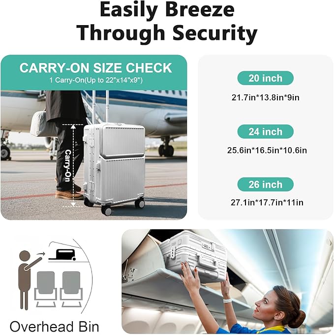Hard Shell Luggage 24 Inch Travel Luggage, Carry-On Luggage Spinner TSA with Lid, PC+ABS Aluminum Frame，Lightweight Travel Luggage 20'' 24'' 26''Carry-On (upgraded silver, 24 inch)