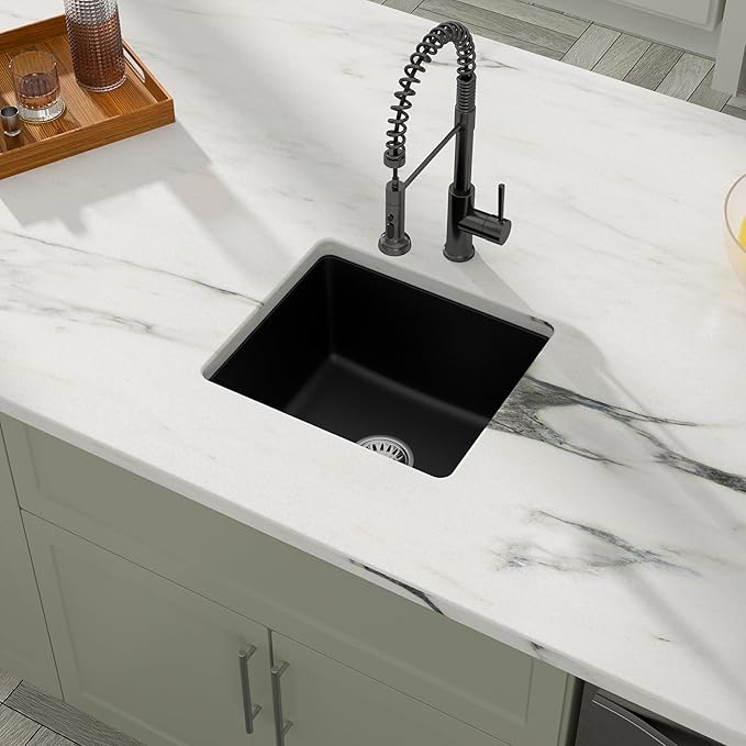 Dcolora 15 Inch Granite Composite Black Bar Sink Undermount Small Kitchen Sink Quartz Prep RV Single Bowl Under Counter Basin DC-GU7745