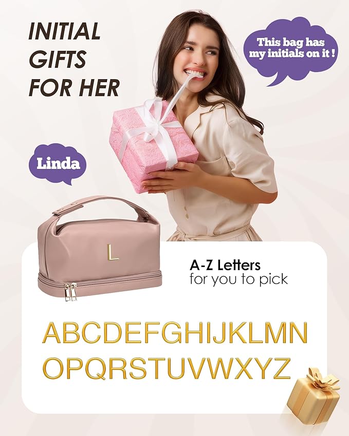 Birthday Gifts for Women, Personalized Makeup Bag with Handle, Initial Double Layer Cosmetic Bag with Makeup Brush Organizer, PU Leather Travel Toiletry Bag, Gifts for Friends Female Mom