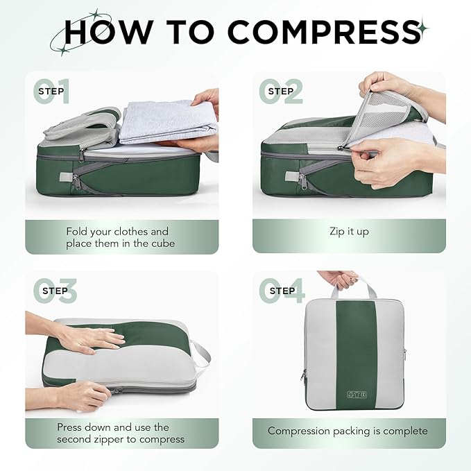 10 Set Compression Packing Cubes for Travel Essentials,Compressible Expandable Packing Cubes for Suitcase,OlarHike Luggage Organizer Bags for Travel,Handy Helper for Organizing Clothes(Dark Green)