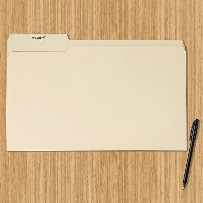 Amazon Basics Sturdy Manila File Folders, 1/3 Tabs in Assorted Positions for Filing, Legal Size, 8.5 x 14 inch - Pack of 100