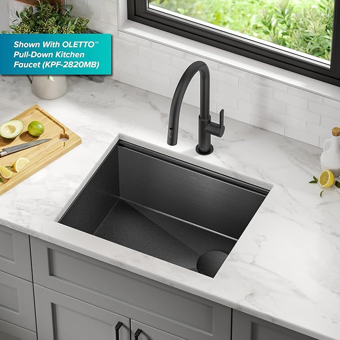 KRAUS Kore 23 Inch Undermount Workstation 16 Gauge Black Stainless Steel Single Bowl Kitchen Sink in PVD Gunmetal Finish with Accessories, KWU1111-23-PGM