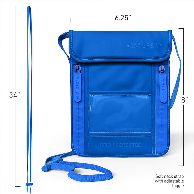 VENTURE 4TH Passport Holder Neck Wallet with RFID Blocking Nylon Lining - Hidden Neck Pouch for Travel (Sleek Blue)