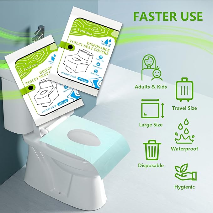 TenFans Toilet Seat Covers Disposable - 20 Count Individually Travel Pack - Sticker Free Faster Use - Waterproof XL Covers for Adults and Kids - Travel Accessories Public Restrooms, Camping, Airplane
