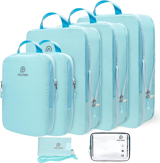 Lightweight Compression Packing Cubes for Suitcases, Compressible Expandable Travel Packing Organizer with Clear Toiletries and Backpack Bag, Travel Essentials for Carry on Luggage 7 Set